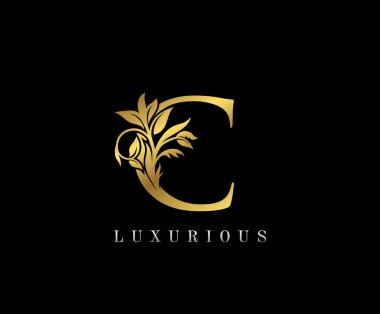 Klas Altın C Harf Çiçeği logosu. Kitap tasarımı için klasik amblem, yabani otlar, etiket, kartvizit, restoran, butik, otel. 