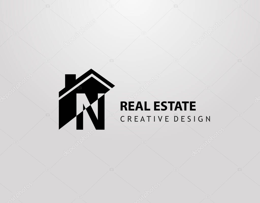 N Letter Logo. house shape with negative letter H, Real Estate Architecture Construction Icon Design.