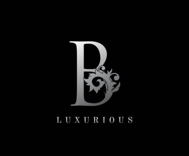 B Harfi Çiçek logosu. Kitap tasarımı, yabani otlar, etiket, kartvizit, restoran, butik, otel için klasik gümüş harf damgası.. 