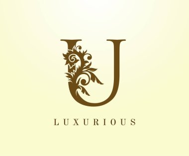 Klasik U Harfi logosu. Kitap tasarımı, yabani otlar, etiket, kartvizit, restoran, butik, otel için klasik kahverengi posta pulu.. 