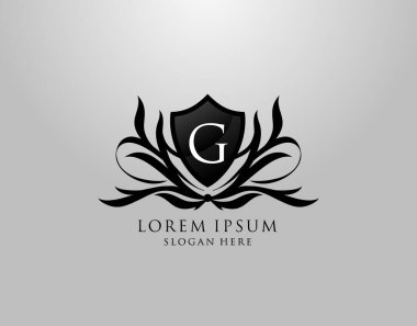 G harfi logosu. Kraliyet, Moda, Topluluk, Butik, Otel, Heraldik, Mücevher, Fotoğraf için G Majestic Shield tasarımı.