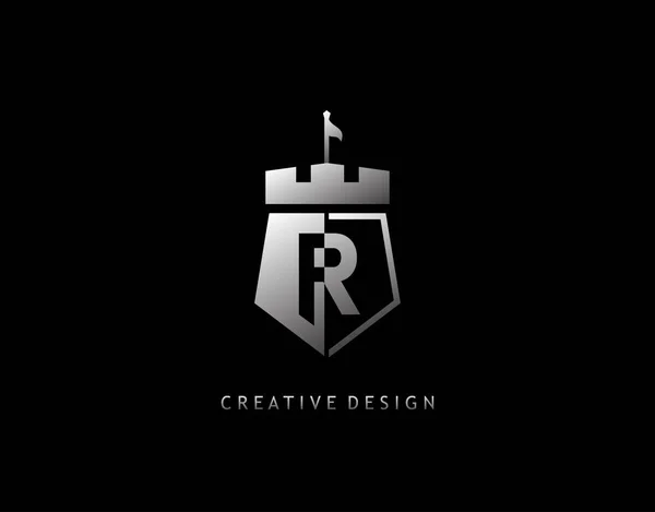 Rレターシルバーシールドアイコン ネガティブなスペーブエレガントなシールド形状王国ロゴデザイン — ストックベクタ