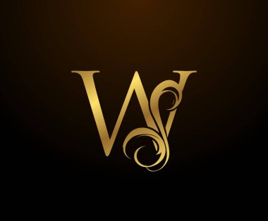 Zarif W harfli altın harfli logo. Kitap tasarımı için klasik amblem, yabani otlar, marka adı, kartvizit, restoran, butik, otel. 