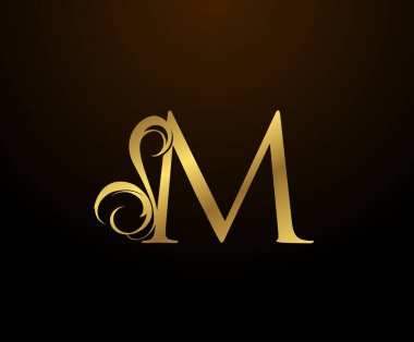 Zarif Baş harfli M, Altın Harf logosu. Kitap tasarımı için klasik amblem, yabani otlar, marka adı, kartvizit, restoran, butik, otel. 