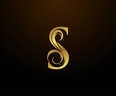 Zarif S harfli altın harf logosu. Kitap tasarımı için klasik amblem, yabani otlar, marka adı, kartvizit, restoran, butik, otel. 