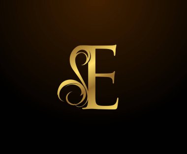 Zarif E harfli altın harfli logo. Kitap tasarımı için klasik amblem, yabani otlar, marka adı, kartvizit, restoran, butik, otel. 