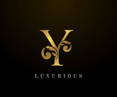 Altın renkli Y harfli logo. Zarif bir tarz. Güzel kaligrafik logo. Kitap tasarımı için klasik amblem, marka adı, kartvizit, restoran, butik, otel. Vektör illüstrasyonu