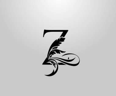 Klasik Zarif Z harfi çiçek logosu. Kitap tasarımı için klasik amblem, yabani otlar, marka adı, kartvizit, restoran, butik, otel. 