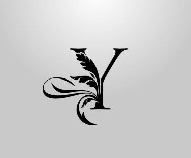 Klasik Zarif Y harfi çiçek logosu. Kitap tasarımı için klasik amblem, yabani otlar, marka adı, kartvizit, restoran, butik, otel. 