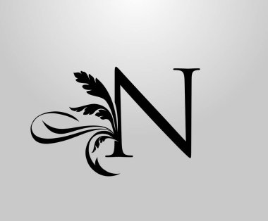 Klasik Zarif harf N Floral logosu. Kitap tasarımı için klasik amblem, yabani otlar, marka adı, kartvizit, restoran, butik, otel. 