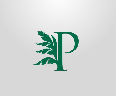 Klasik P Harfi Lüks Logosu. Yeşil çiçek desenli P harfi moda, mücevher, güzellik salonu ve otel logosu için mükemmel. Kozmetik, Spa Logosu. Tatil ve Restoran Logosu. 