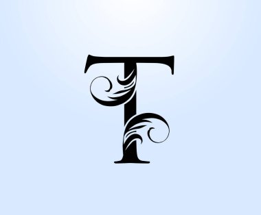Lüks T-Crest logosu. Kitap tasarımı, yabani otlar, marka adı, kartvizit, restoran, butik, otel için klasik amblem.. 
