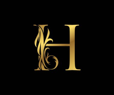 Zarif Altın H harfli çiçek logosu. Kitap tasarımı, yabani otlar, marka adı, kartvizit, restoran, butik, otel için klasik girdap amblemi çizildi. 
