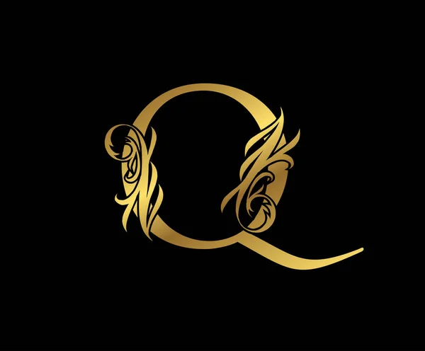 Elegante Elegante Oro Letra Floral Logo Vintage Swirl Dibujado Emblema — Vector de stock