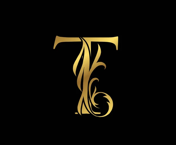 Elegancki Złoty List Logo Kwiatowe Vintage Swirl Rysowane Godło Projektowania — Wektor stockowy