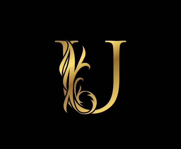 Elegante Elegante Ouro Letra Logotipo Floral Vintage Swirl Emblema Desenhado — Vetor de Stock