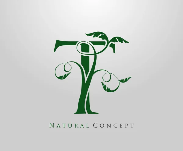 字母T标识自然概念 绿树和叶子符号 首字母T图标自然设计库向量 — 图库矢量图片