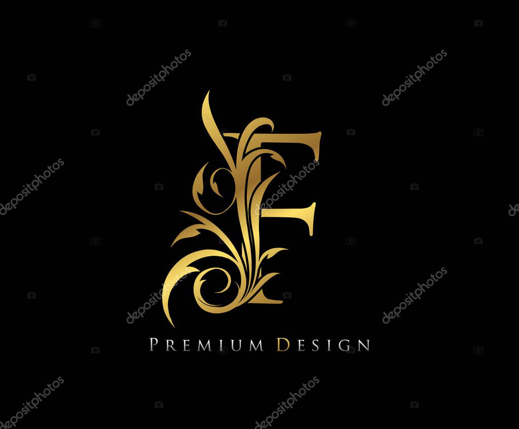 Luxury Gold Premium F Letter . Graceful style. Calligraphic beautiful logo. Vintage drawn emblem for book design, brand name, business card, Restaurant, Boutique, Hotel.