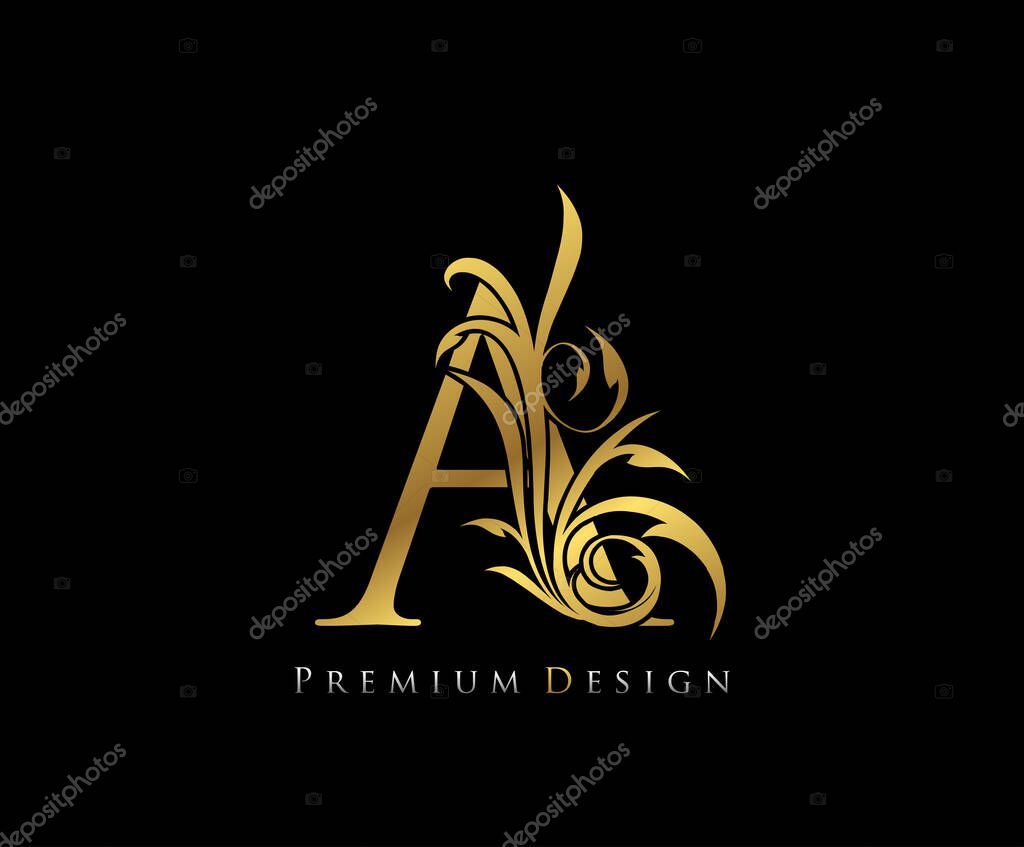 Luxury Gold Premium A Letter . Graceful style. Calligraphic beautiful logo. Vintage drawn emblem for book design, brand name, business card, Restaurant, Boutique, Hotel.