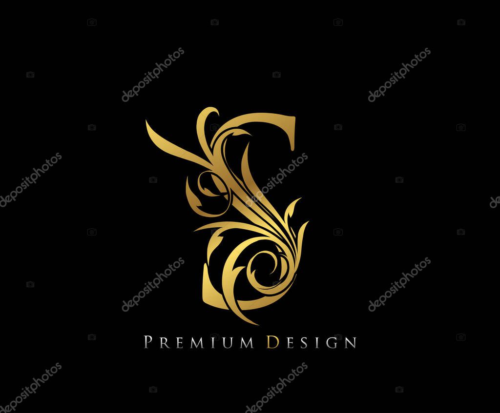Luxury Gold Premium S Letter . Graceful style. Calligraphic beautiful logo. Vintage drawn emblem for book design, brand name, business card, Restaurant, Boutique, Hotel.
