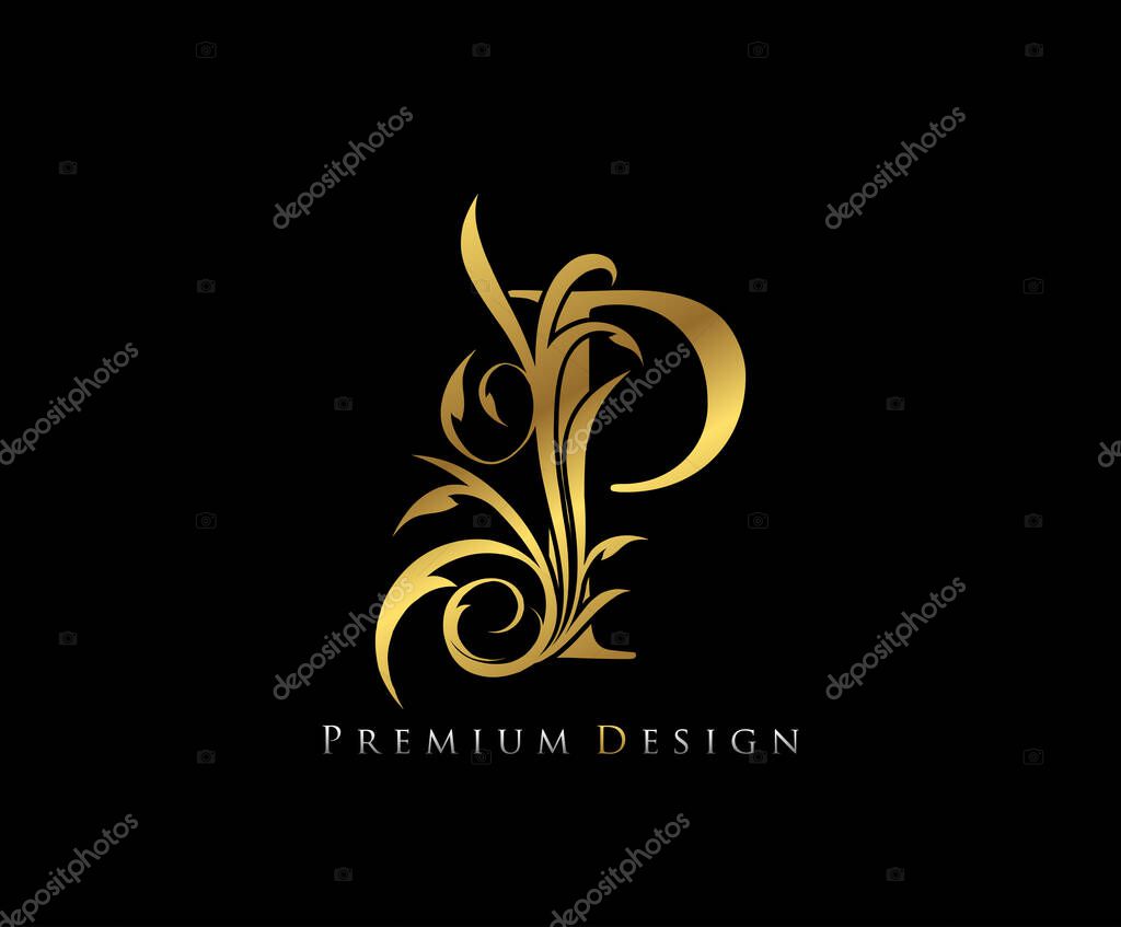 Luxury Gold Premium P Letter . Graceful style. Calligraphic beautiful logo. Vintage drawn emblem for book design, brand name, business card, Restaurant, Boutique, Hotel.