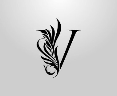 V Harfi Klasik Heraldik logosu. Kitap tasarımı için zarif çiçek alfabesi Mark, mektup pulu, yabani ot kartı, marka adı, kartvizit, restoran, butik, otel. 
