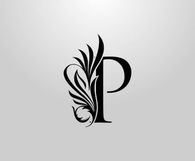 P Harfi Klasik Heraldik logosu. Kitap tasarımı için zarif çiçek alfabesi Mark, mektup pulu, yabani ot kartı, marka adı, kartvizit, restoran, butik, otel. 