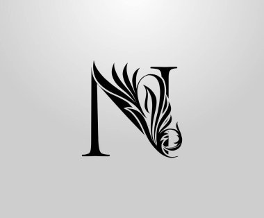 N harfi klasik Heraldik logosu. Kitap tasarımı için zarif çiçek alfabesi Mark, mektup pulu, yabani ot kartı, marka adı, kartvizit, restoran, butik, otel. 