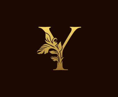 Y harfli Altın Yaprak Logo Tasarımı. Zarif bir tarz. Kitap tasarımı için klasik amblem, düğün süsü, marka adı, mektup damgası, restoran, butik, otel.  