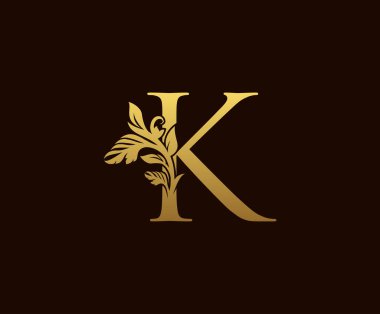 Baş harfi K Altın Yaprak Logo Tasarımı. Zarif bir tarz. Kitap tasarımı için klasik amblem, düğün süsü, marka adı, mektup damgası, restoran, butik, otel.  