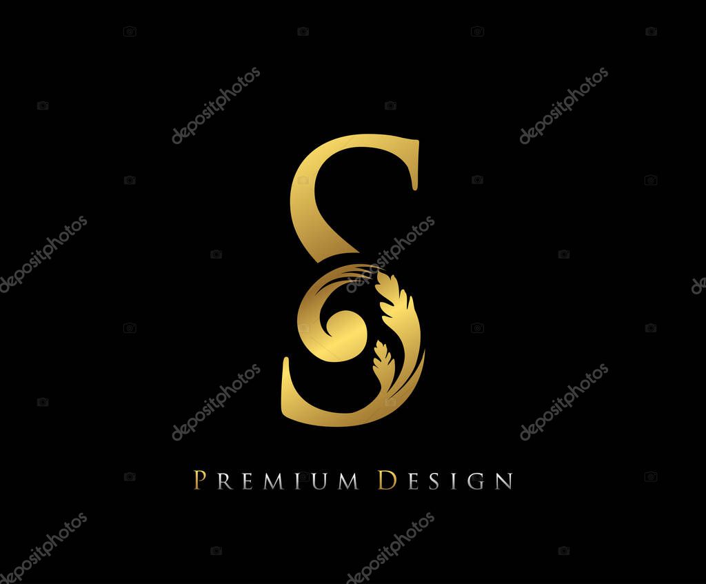 Gold Elegant letter S. Graceful Royal style. Calligraphic beautiful logo. Vintage drawn emblem for book design, wedding logo, letter stamp, Restaurant, Boutique, Hotel.