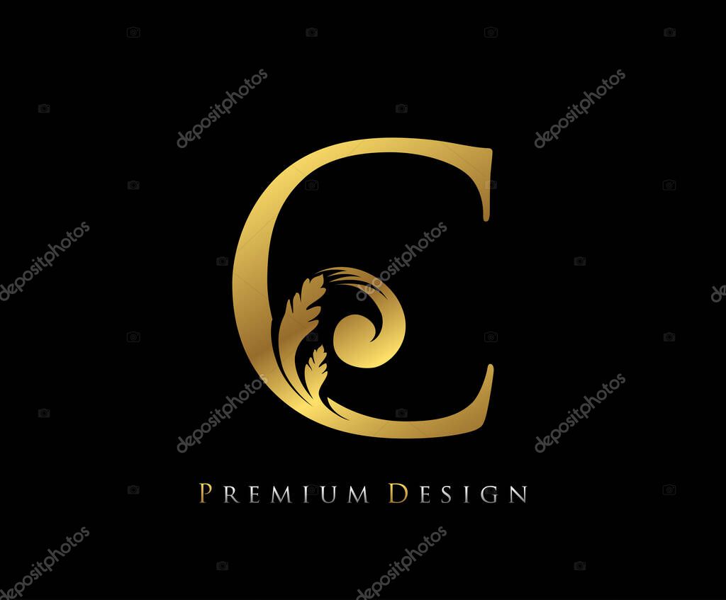 Gold Elegant letter C. Graceful Royal style. Calligraphic beautiful logo. Vintage drawn emblem for book design, wedding logo, letter stamp, Restaurant, Boutique, Hotel.