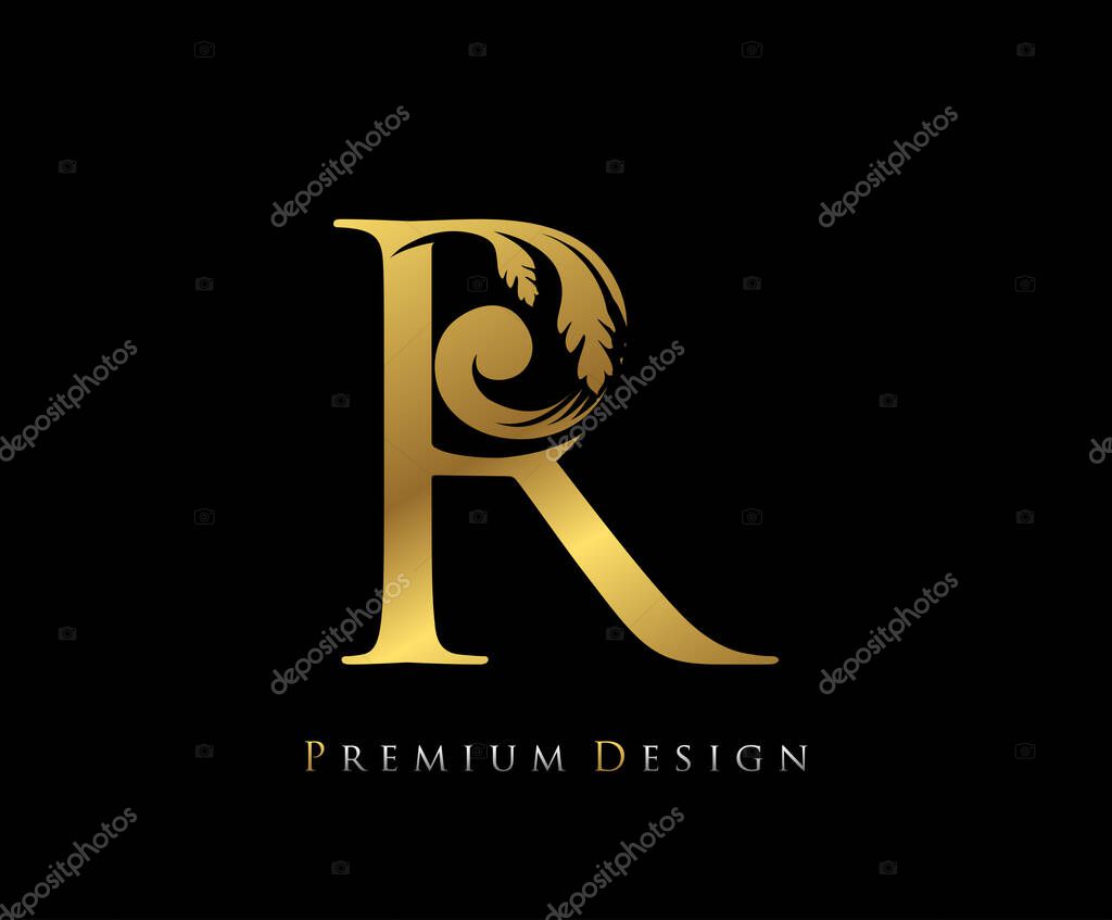 Gold Elegant letter R. Graceful Royal style. Calligraphic beautiful logo. Vintage drawn emblem for book design, wedding logo, letter stamp, Restaurant, Boutique, Hotel.