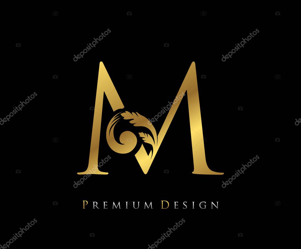 Gold Elegant letter M. Graceful style. Calligraphic beautiful logo. Vintage drawn emblem for book design, wedding logo, letter stamp, Restaurant, Boutique, Hotel.