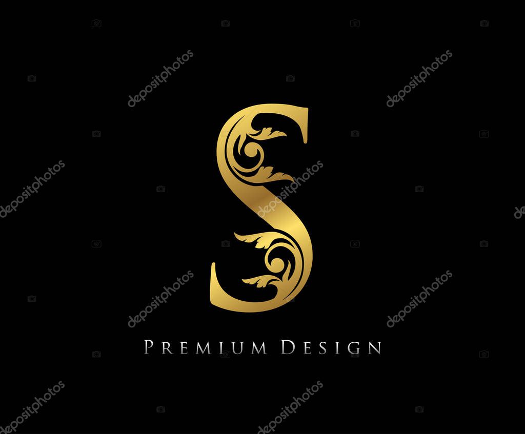 S Letter Luxury Gold Design . Graceful style. Calligraphic beautiful logo. Vintage drawn emblem for book design, brand name, letter stamp, Restaurant, Boutique, Hotel.