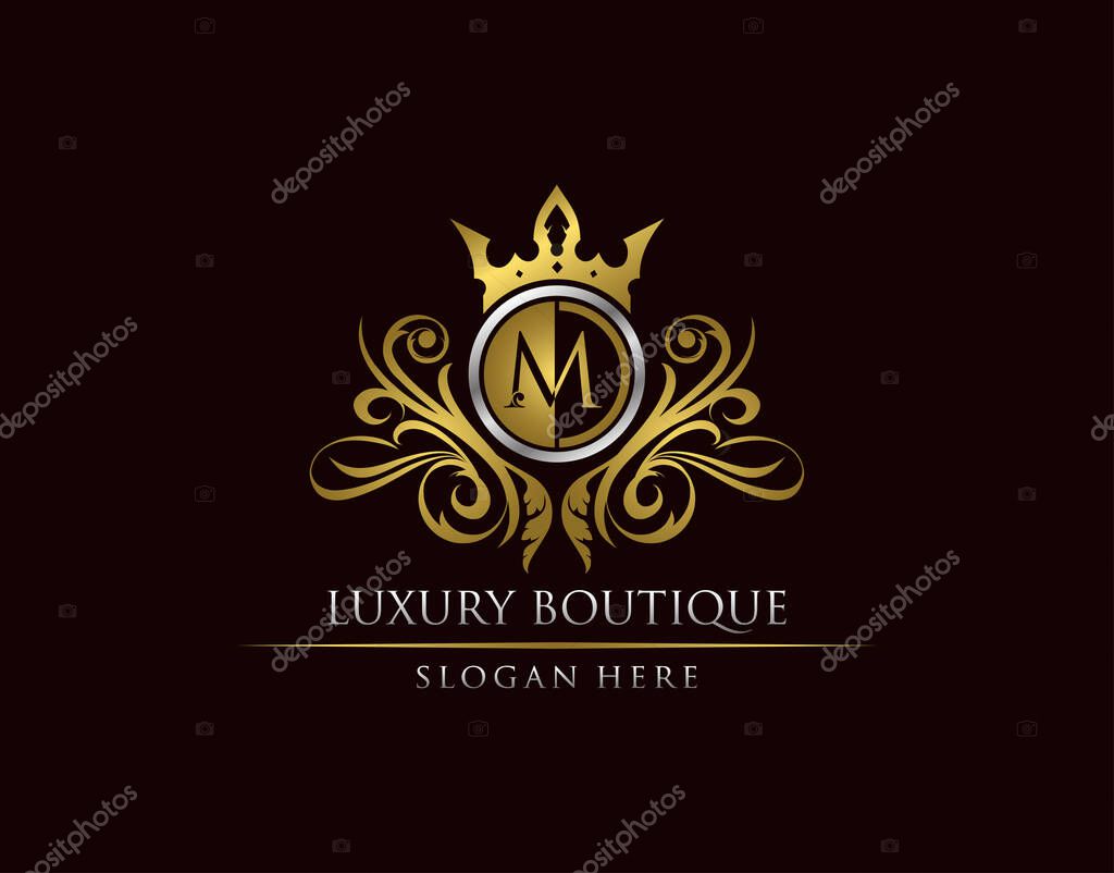 Luxury Boutique M Letter Logo, Circle Gold Crown M Classic Bagde Design.