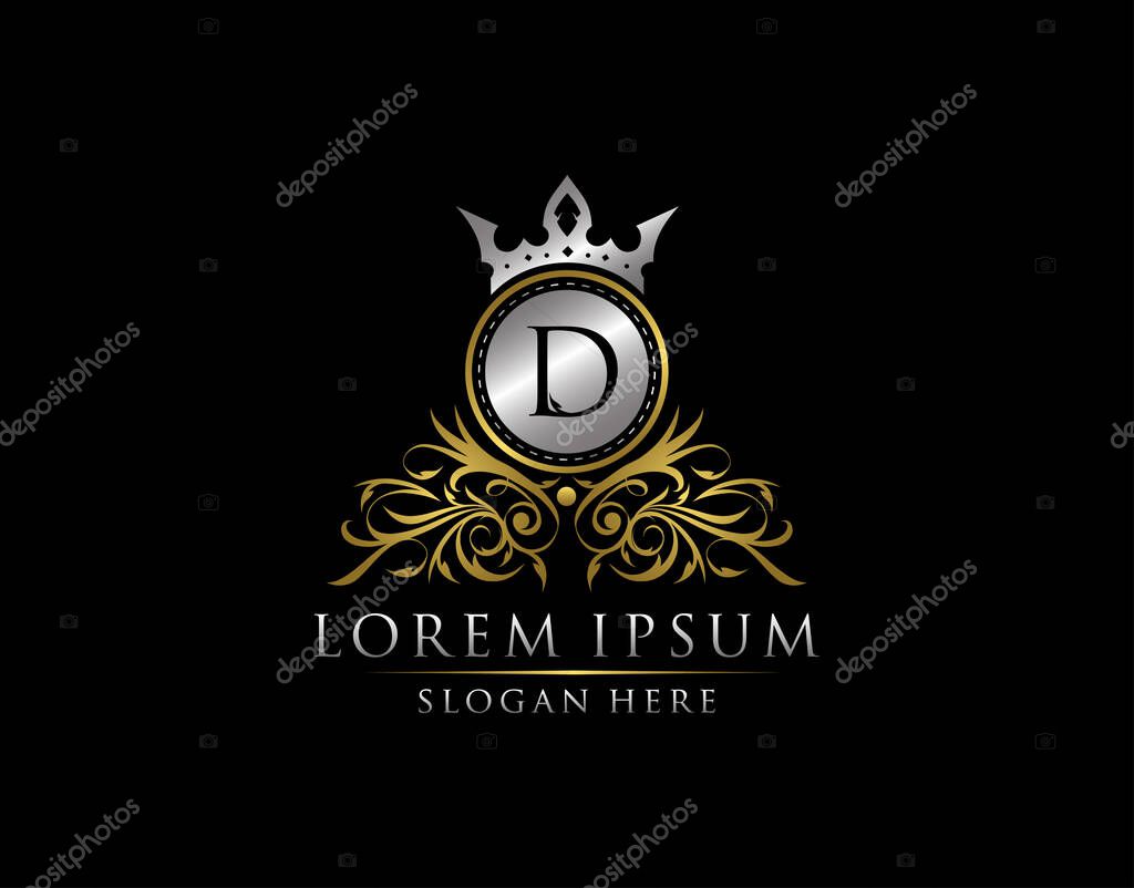 Luxury Boutique D Letter Logo, Royal Circle Gold Crown D Elegant Bagde Design.