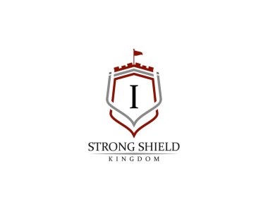 Strong Shield, Gold Heraldic I Harf Monogram. Retro asgari kalkan şekli. Crown, Castle, Krallık Logosu Tasarımı.