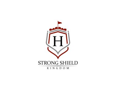 Strong Shield, Gold Heraldic H Harfi Monogram. Retro asgari kalkan şekli. Crown, Castle, Krallık Logosu Tasarımı.
