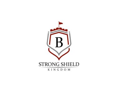 Strong Shield, Gold Heraldic B Harfi Monogram. Retro asgari kalkan şekli. Crown, Castle, Krallık Logosu Tasarımı.