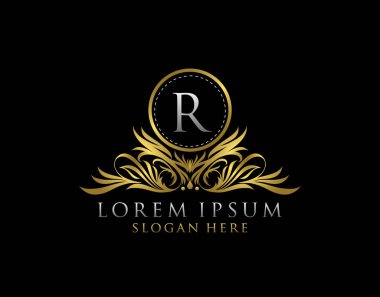 R harfi lüks logo. Monogram tasarım elementleri, zarif şablon. Kaligrafi zarif sanat rozeti tasarımı. Kraliyet, Mektup Damgası, Butik, Kafe, Otel, Heraldik, Mücevher, Düğün.