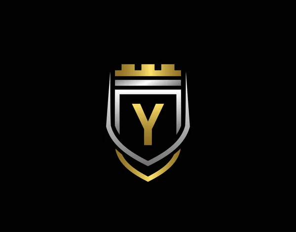 金纹章Y字母表 优雅的复古最小护盾形状 Crown Castel Kingdom Logo Design — 图库矢量图片