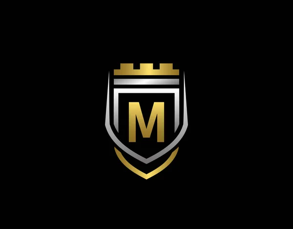 黄金纹章M字母专字 优雅的复古最小护盾形状 Crown Castel Kingdom Logo Design — 图库矢量图片