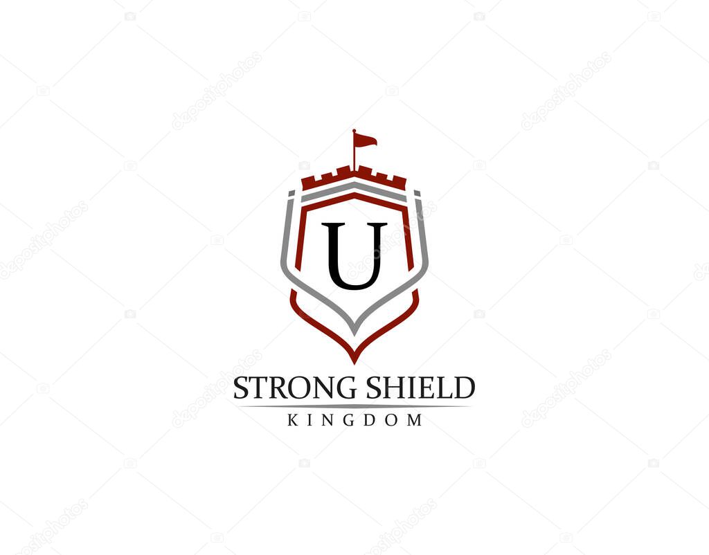 Strong Shield, Gold Heraldic U Letter Monogram. Retro minimal shield Shape.  Crown, Castle, Kingdom Logo Design.
