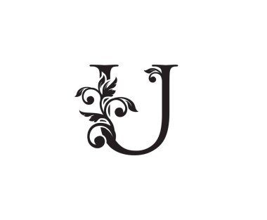 Vintage Letter U logosu. Klasik U Harfi Tasarım Vektörü Siyah Renkli ve Çiçekli El Çizimi.