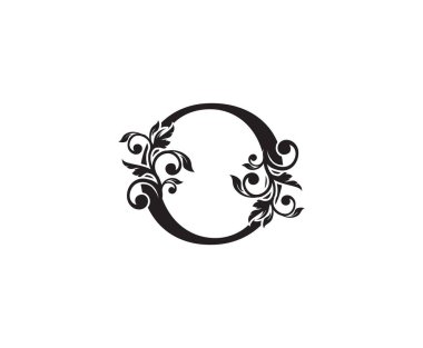 Klasik O Harfi Logosu. Klasik O Harfi Tasarım Vektörü Siyah Renkli ve Çiçekli El Çizimi.
