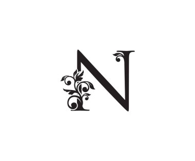 Vintage Harf N Logosu. Klasik N Harfi Tasarım Vektörü Siyah Renkli ve Çiçekli El Çizimi.