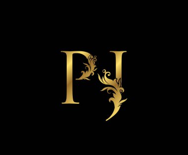 Klasik Gold P, J ve PJ Letter Floral logosu. Kitap tasarımı, yabani otlar, marka adı, kartvizit, restoran, butik, otel amblemi.. 