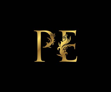 Klasik Gold P, E ve Beden Eğitimi Harfleri Çiçeği logosu. Kitap tasarımı, yabani otlar, marka adı, kartvizit, restoran, butik, otel amblemi.. 