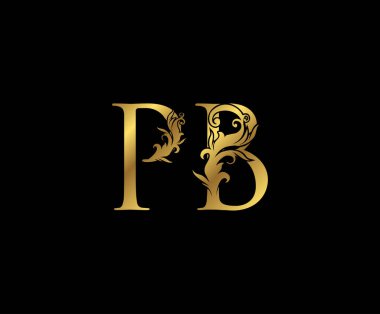 Klasik Gold P, B ve PB Harf Çiçeği logosu. Kitap tasarımı, yabani otlar, marka adı, kartvizit, restoran, butik, otel amblemi.. 